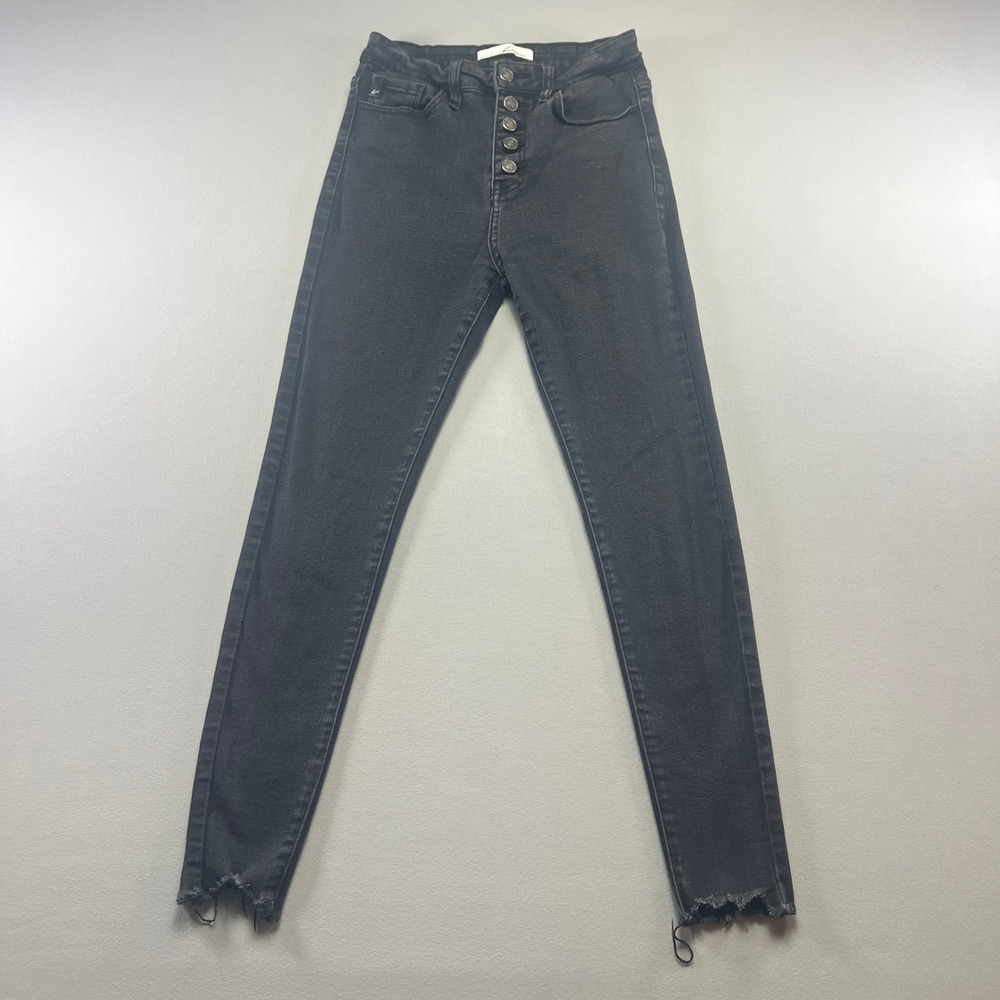 Kancan Skinny Jeans Women's 26 Black Denim Dark Wash Raw Hem Button Fly Outdoor